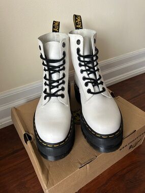 Dr. Martens White Leather Platform Lace-Up Boots with Black Laces